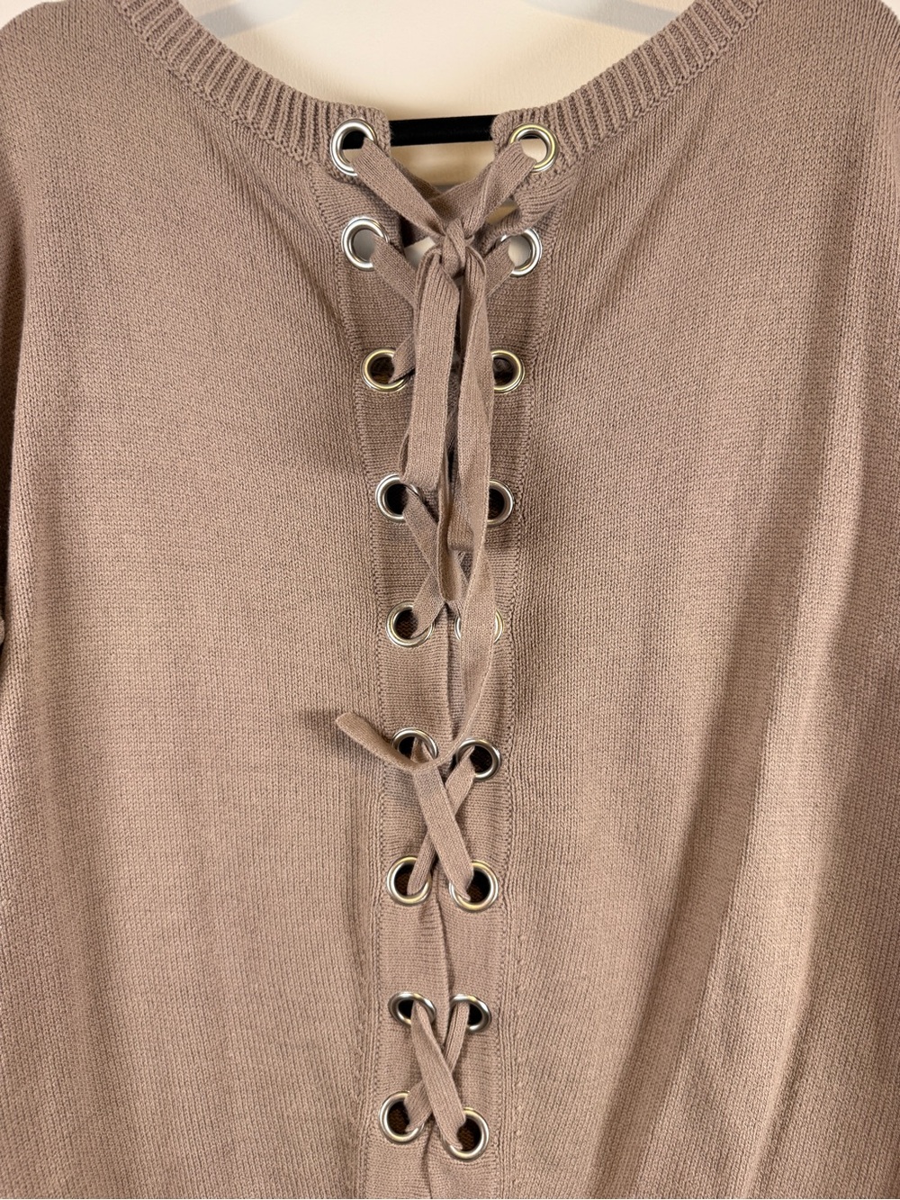 Express Taupe Lace-Up Back Crewneck Sweater - Picture 5 of 7